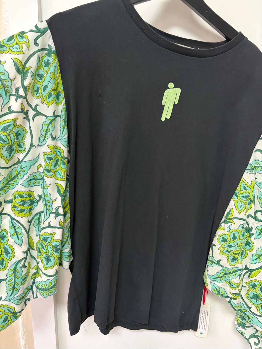 Billie Eilish Upcycled Tee “Poncho” Look with India Block Print Sleeves